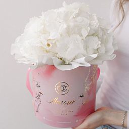 Мини-букет  в розовой шляпной коробке Amour Mini из 3 белых гортензий