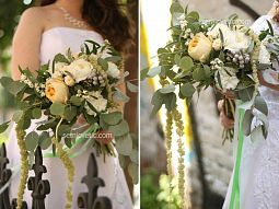 Свадебный букет из пионовидных роз, амаранта и брунии