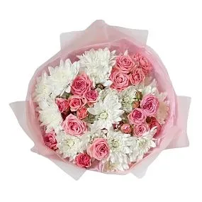 Букет из 6 белых кустовых хризантем и 5 нежно-розовых кустовых роз в упаковке