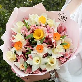 Букет из 15 нарциссов и 10 альстромерий в розовых тонах