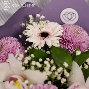 Букет из орхидей, хризантем и гербер в сиреневой пленке