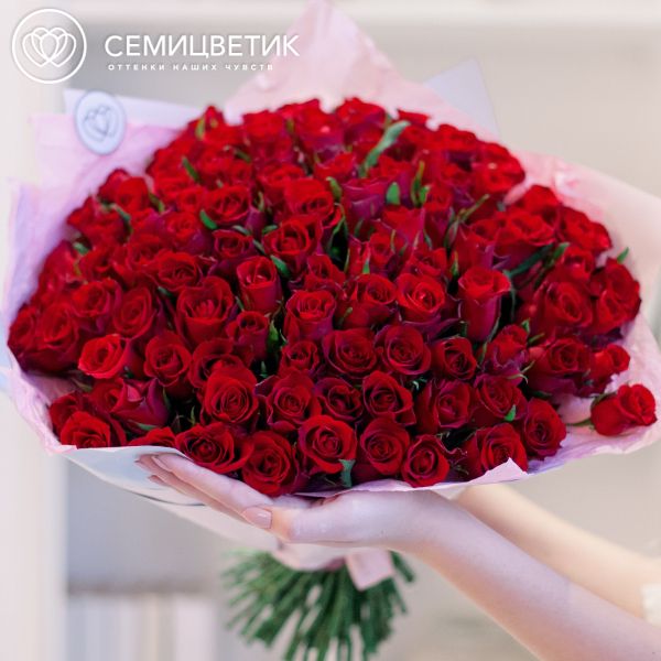 Букет из 101 красной розы 40 см (Кения) в розовой пленке