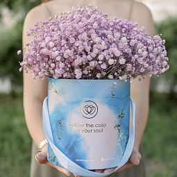 Букет в голубой шляпной коробке Amour Mini из 9 розовых гипсофил