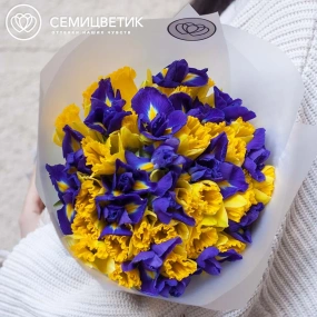 Букет из 26 желтых нарциссов и 19 ирисов в прозрачной пленке