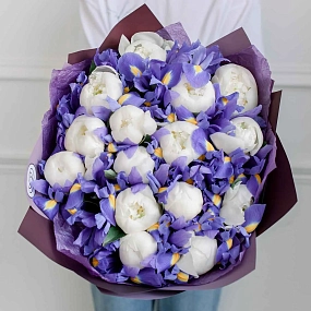 Букет из 15 белых пионов Premium и 26 синих ирисов в сиреневой пленке