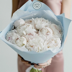 Букет из 11 нежно-розовых пионов Standart Plus в голубой пленке