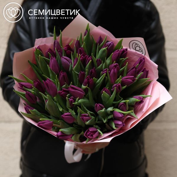 Букет из 51 фиолетового тюльпана