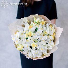 Букет из 25 желтых и белых ирисов