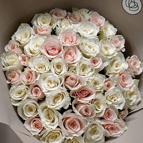 Букет из 51 белой и нежно-розовой розы 40 см (Кения) в кремовой пленке