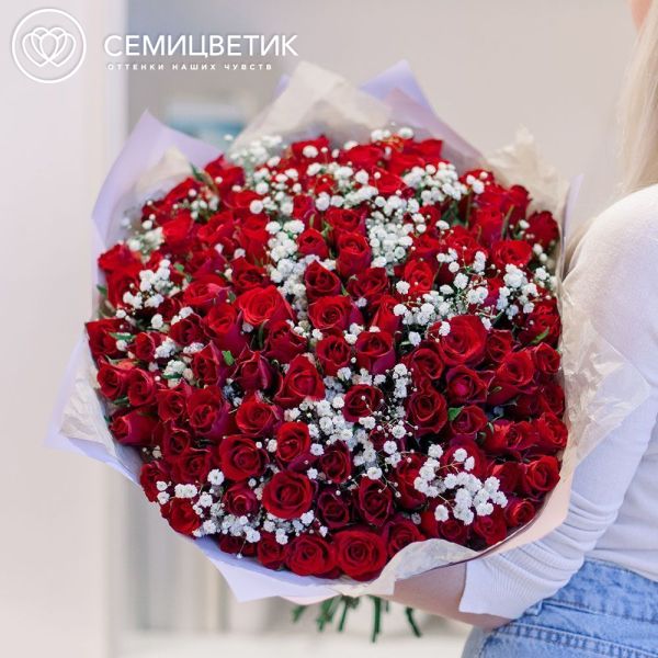 Букет из 101 красной розы 40 см (Кения) с белой гипсофилой в сиреневой пленке