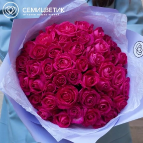 Букет из 45 малиновых роз 35-40 см (Россия) в сиреневой пленке