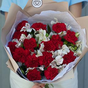 Букет из 15 красных гвоздик и 10 белых альстромерий