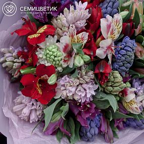 Букет из 15 гиацинтов микс и 10 альстромерии микс