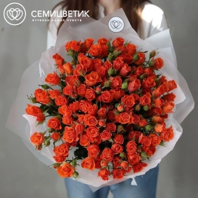 Букет из 25 оранжевых кустовых роз 40-50 см (Россия) в прозрачной упаковке