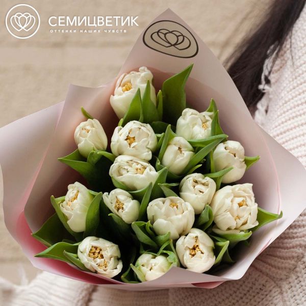 Букет из 15 белых пионовидных тюльпанов