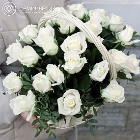 Композиция из 25 белых роз (Россия) с фисташкой в корзине
