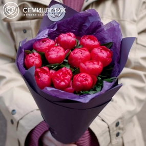 Букет из 11 коралловых пионов Coral Sunset Standart в сиреневой пленке