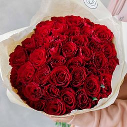 Букет из 41 красной розы 40 см (Кения) в кремовой пленке