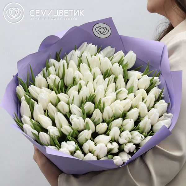 Букет из 101 белого тюльпана 40 см в сиреневой пленке