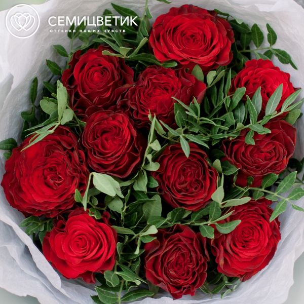 Букет из 11 красных пионовидных роз Hearts 40 см с фисташкой