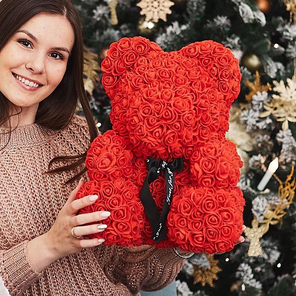 Мишка из роз красный с бантиком 40 см