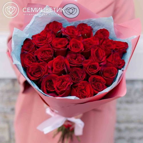 Букет из 25 красных с темной каймой роз (Россия) 50 см