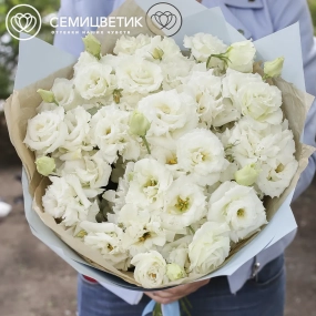 Букет из 25 белых махровых лизиантусов в голубой пленке