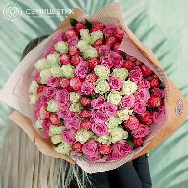 101 роза микс в нежных тонах (Кения) 40 см Premium
