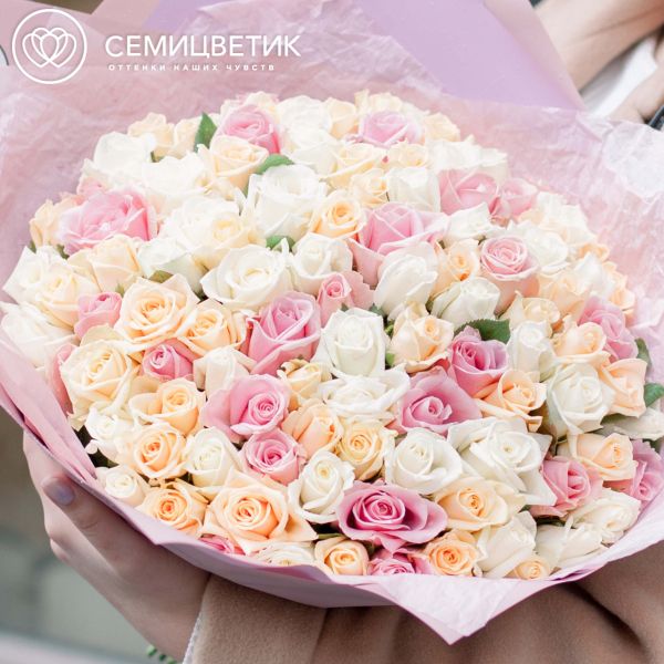 Букет из 101 розы 40 см нежный микс (Россия)