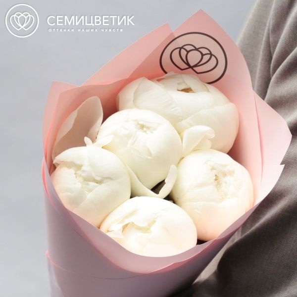Букет из 5 белых пионов Premium в розовой пленке
