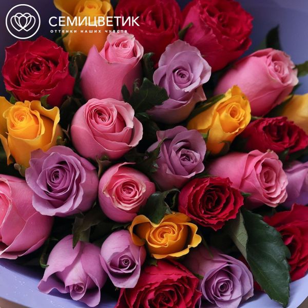 Букет из 25 роз 35 см микс (Кения) в сиреневой пленке