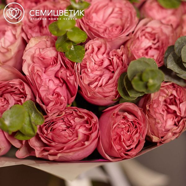 Букет из 25 розовых пионовидных роз Love Me Tender 40 см с эвкалиптом