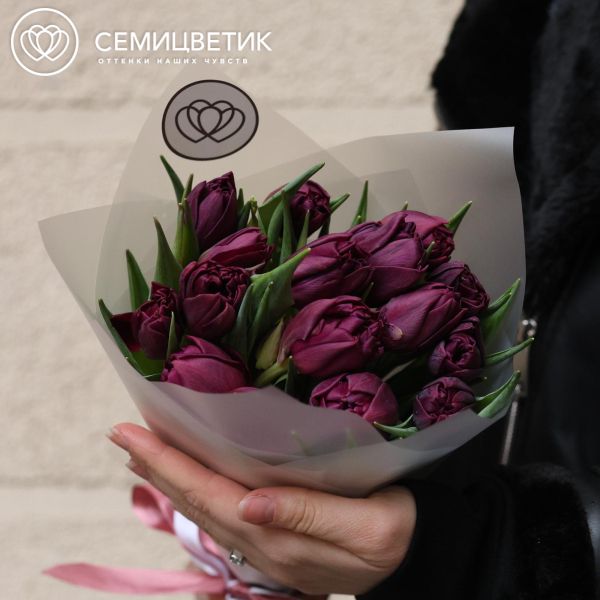 Букет из 15 темно-бордовых пионовидных тюльпанов