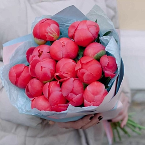 Букет из 15 коралловых пионов Coral Sunset Premium в розовой пленке