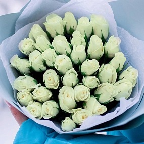 Букет из 35 белых роз 30 см (Кения) в голубой пленке