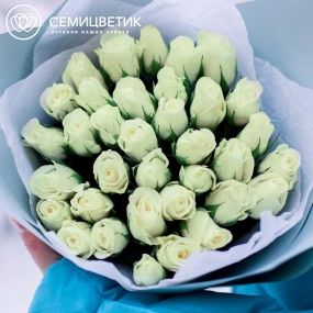 Букет из 35 белых роз 30 см (Кения) в голубой пленке