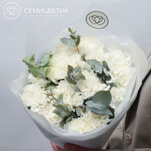 Букет из 15 белых гвоздик с эвкалиптом в белой пленке