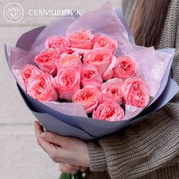 Букет из 15 розовых одноголовых пионовидных роз 40 см Pink Expression