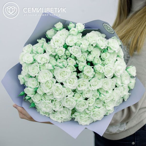 Букет из 51 белой кустовой розы Snowflake 40 см (Кения) в дизайнерской пленке