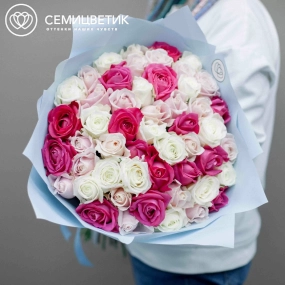 Букет из 51 белой, малиновой и нежно-розовой розы 70 см (Россия) в голубой пленке