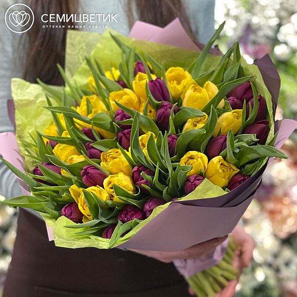 Букет из 51 пионовидного желтого и фиолетового тюльпана