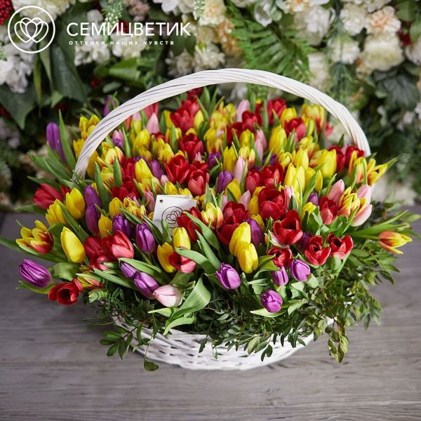 Композиция из 201 тюльпана микс с зеленью в корзине