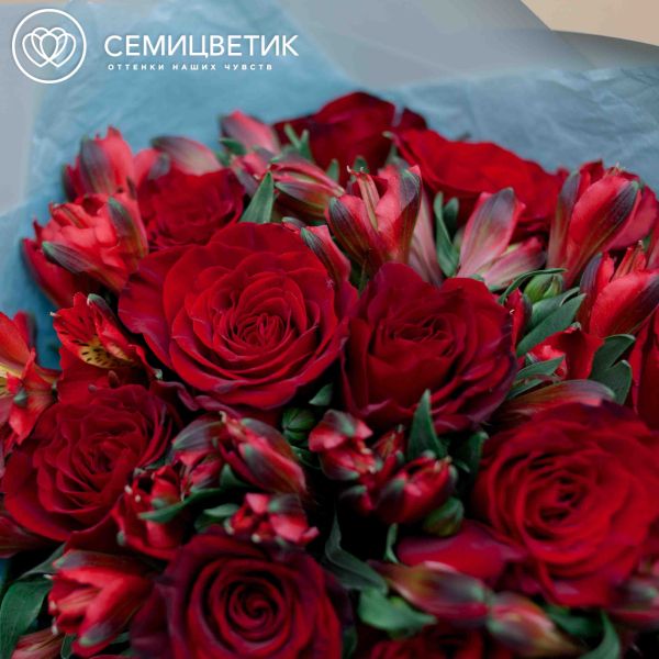 Букет из 15 красных с темной каймой роз (Россия) и 10 красных альстромерий