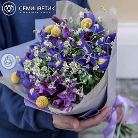 Букет из ирисов, матрикарии и альстромерии в сиреневой пленке