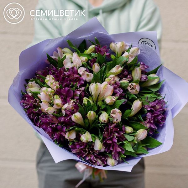 Букет из 23 альстромерий в розовых и фиолетовых тонах в сиреневой пленке
