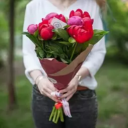 Букет из 7 красно-розовых пионов микс Standart