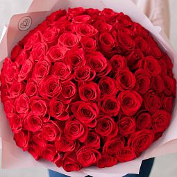 Букет из 101 красной розы Freedom 50 см (Эквадор) в розовой пленке