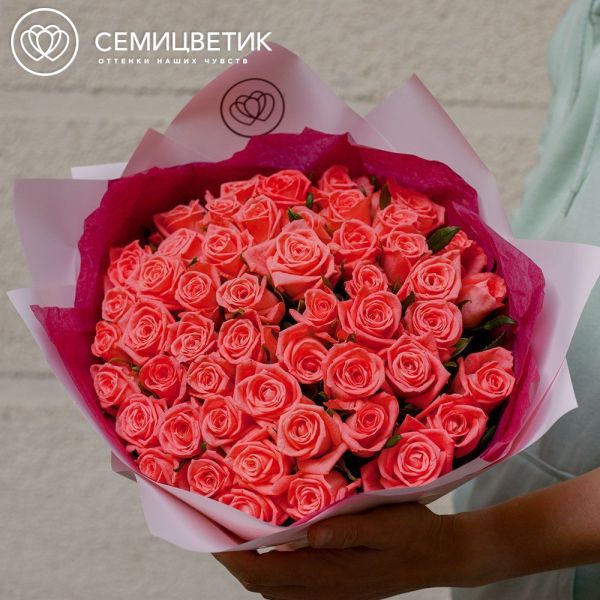 Букет из 51 коралловой розы 35-40 см (Россия) в розовой пленке
