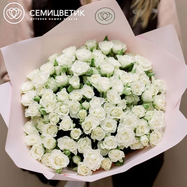 Букет из 25 белых кустовых роз 40 см (Кения) в розовой пленке