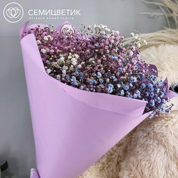 Букет из 7 гипсофил микс в сиреневой пленке